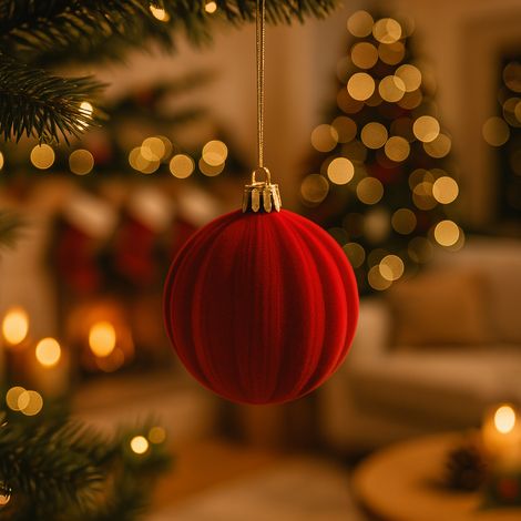 Pallina floccata in velluto per albero di Natale di colore Rosso -10 cm (1/4)