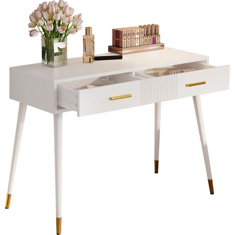 Tocador Escritorio con 2 Cajones, Patas de Metal, para Dormitorio o Despacho, en MDF, 100 x 40 x 76 cm, Blanco (1/5)