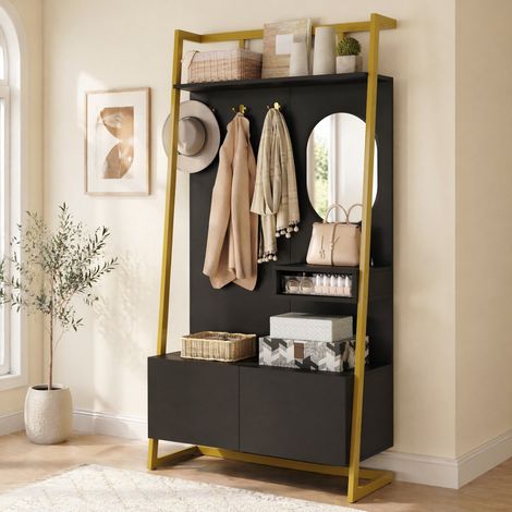 Mueble recibidor con espejo y zapatero negro OKMYHOME (1/5)
