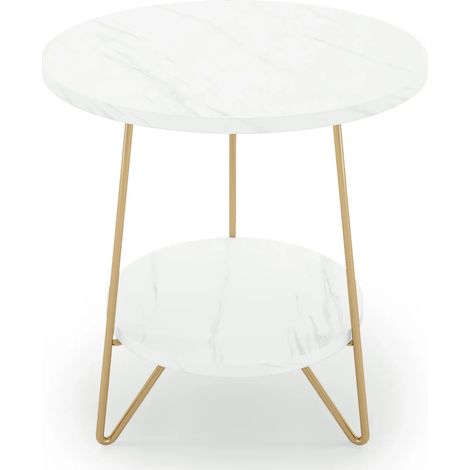 CHICFURN Mesa auxiliar redonda 48x48x55 cm, acabado mármol blanco y metal dorado (1/5)