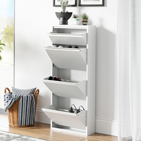 Scarpiera Sokndal con 3+1 Contenitori Ribaltabili Portascarpe in Metallo - Bianco [en.casa]