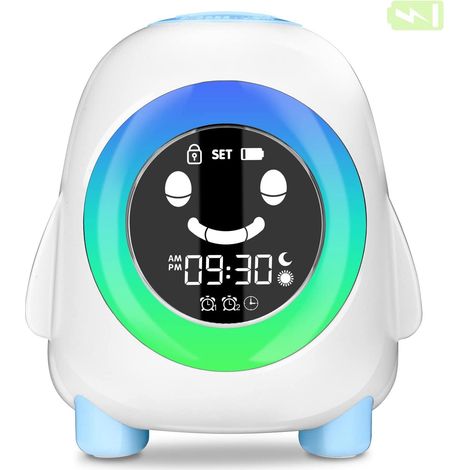 Réveil éducatif pour enfants avec batterie rechargeable 2200 mAh, 2 alarmes, 3 niveaux de luminosité, 5 sonneries, 5 couleurs, 8 musiques et fonction snooze. (1/5)