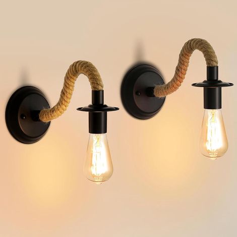 Appliques murales de style industriel, lot de 2 appliques vintage en corde de chanvre tressée, idéales pour une maison de campagne, un salon, une salle de bain, un loft, un couloir ou une chambre (amp (1/5)