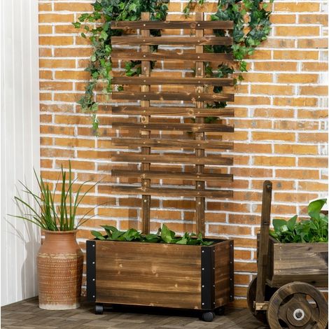 Jardinière surélevée 65x31x147 cm gris charbon en bois massif avec treillis, roulettes et drainage (1/4)