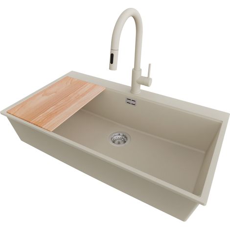 PRIMAGRAN Evier Cuisine en Granit 88x50cm,Lavabo 1 bac + Robinet 40x20cm + Kit de Vidage + Planche à Découper, Évier à Encastrer au meuble 90cm - Oslo, Beige (1/5)