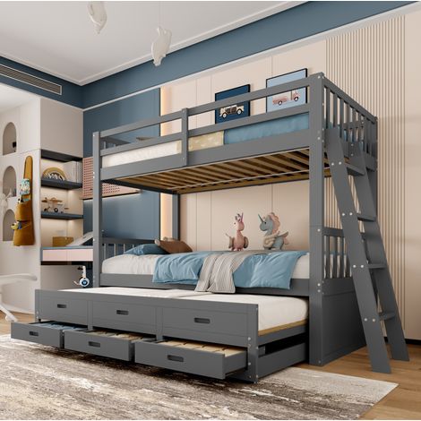 Lit superposé enfant en pin et MDF gris 90x200 cm avec lit gigogne et 3 tiroirs (1/5)