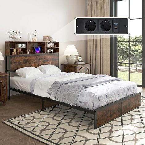 Costway – Cadre de lit double 140x200cm avec sommier en métal – Tête de lit avec multiprise intégrée – 2 prises + 1 USB-A et 1 Type-C – Espace de rangement sous le lit (1/5)