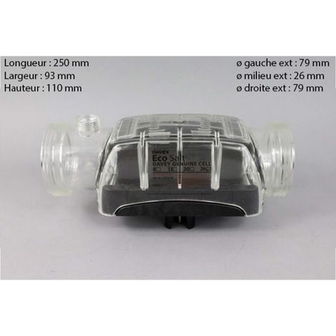 Cellule électrolyseur en ligne DES20 pour piscine 65-100 m3 – Taux de salinité min 3 g/L – Dimensions L250 x l100 x H115 mm – Davey