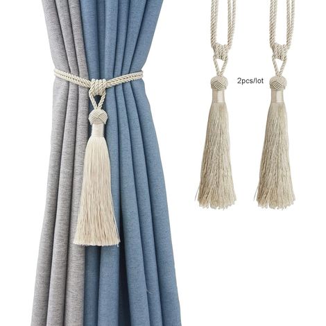 Bardusch-Embrasses de rideaux, lot de 2 embrasses en polyester avec pince et pompon pour rideaux, accessoire élégant, style simple et naturel (beige, 2) (1/4)