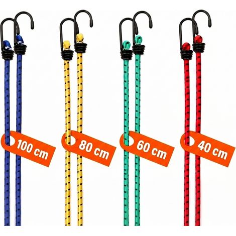 DEUBA® 8x Bungee Cords With Hooks  4 Lengths 40-100cm  Lashing Straps for Securing Luggage, Camping Tents, Tarps, Garden Furniture, Wheelie Bin Lid  Weatherproof & Scratch Resistant