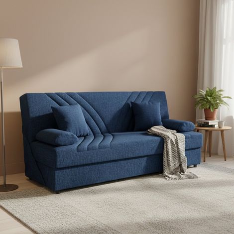 Dmora – Canapé convertible 3 places clic-clac avec rangement – Tissu rembourré doux – Dimensions 181x81h88 cm – Couleur bleu (1/5)