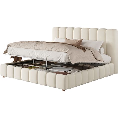Polsterbett 160x200 cm Samt Beige mit Bettkasten, hydraulisch, ohne Matratze – MEUBLIV (1/5)