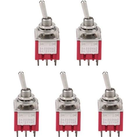5-teiliger 3PDT-Wippschalter, 9 Pins, 6 mm, 2 A/250 V AC, 5 A/120 V AC, EIN-EIN, 2-Positionen (1/5)