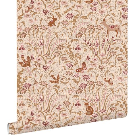 papier peint animaux de la forêt vintage beige et rose - ESTAhome (1/5)