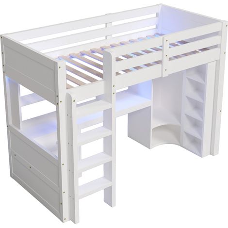 Cama alta 90 x 200 cm blanca con LED, escritorio, armario y almacenaje (1/5)