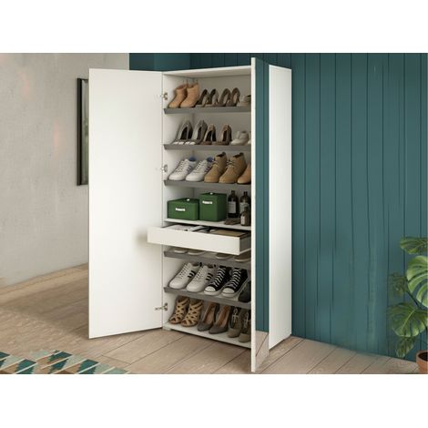 Dmora - Scarpiera Eracle, Mobile multiuso da ingresso con anta a specchio , Armadio moderno portascarpe a 6 ripiani, 100% Made in Italy, 72x37h195 cm, Bianco e Cemento (1/5)