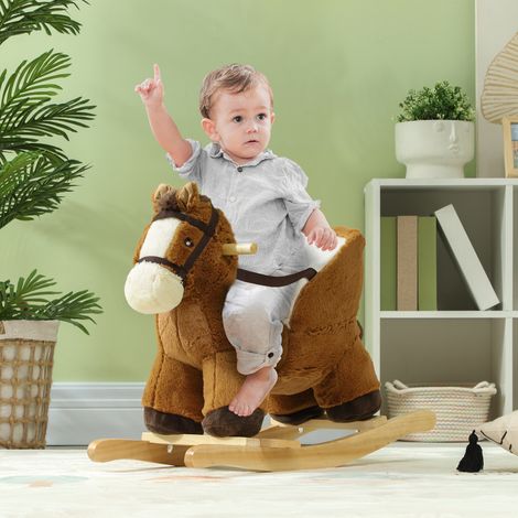 Brown - Cheval à bascule pour enfants, balle moelleuse à cheval, avec son et base en bois pour les 18 à 36 mois