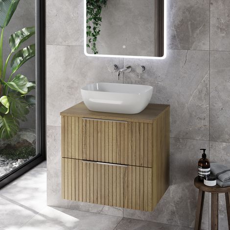 Helix 460 Fluted Autumn Oak 600mm Wall Mounted 2 Drawer Vanity Unit for Countertop Basins