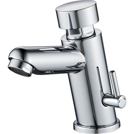 Robinet Temporisé pour Lavabo, Mitigeur 2 Eaux (Eau Chaude et Froide), Poussoir Mural, Design Chromé, Économie d’Eau, Contrôle Automatique (1/5)