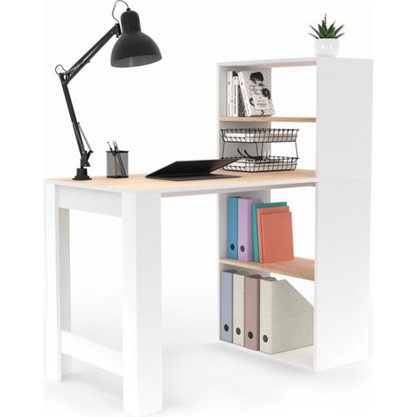 Idmarket – Bureau bibliothèque BEN blanc et façon hêtre – Longueur 113 cm x largeur 60 cm x hauteur 120 cm – 3 étagères ouvertes – Design contemporain