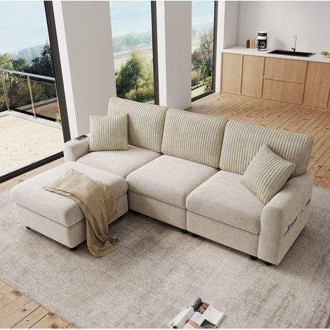 Divano 223x146x84 cm beige in chenille e corduroy con 2 cuscini, porta USB, Type-C e pouf (1/5)