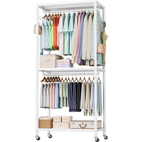Portant à Vêtements Solide, Dimensions: 90 × 40 × 200 Centimètres,200kg, Penderie Sur Roulette, Kleiderschrank Metall Avec 2 Tringles, 3 Etagères de Rangement et 2 Crochets, Blanc