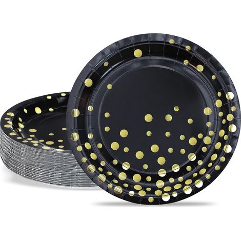 Assiettes à dessert 18cm Paillettes dorées Assiettes en Carton jetables Noir Assiette en papier 50 pièces Vaisselle Jetable pour baptême, anniversaire, mariage (1/5)