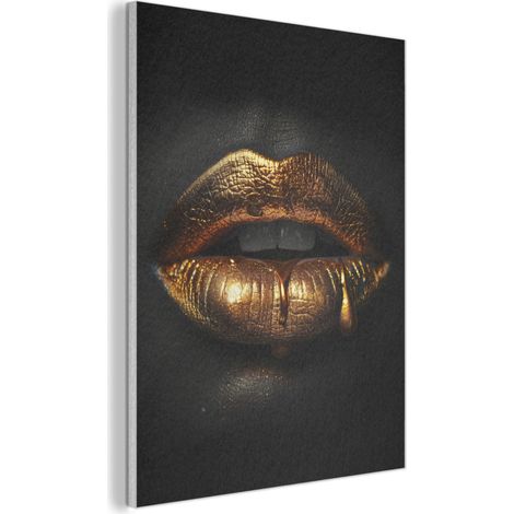 Acoustic Felt Wall Art Woman - Portrait - Lips - Gold - Black 60x80 cm (1/5)