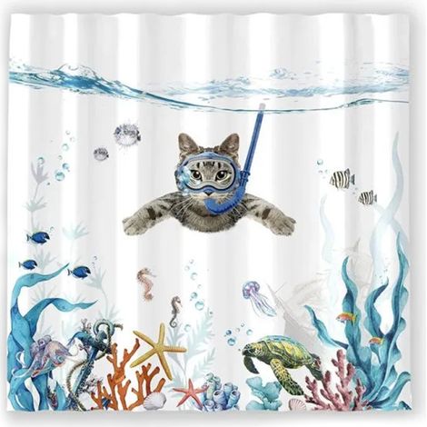 Rideau de douche, 180x180 cm, textile avec motif de chat nageur, résistant à la moisissure, ourlet lesté, résistant à l'eau, lavable, tissu polyester (1/5)