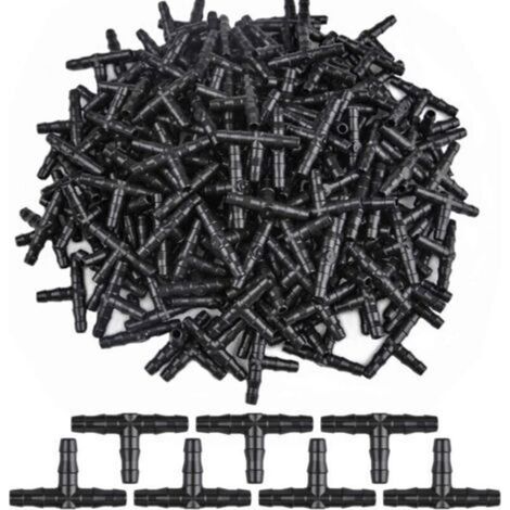 300 Stück 3-Wege-T-Stücke, 3-Wege-Tropfschlauchverbinder mit Widerhaken, T-Stück-Adapter, Schlauchanschluss, geripptes Tropfschlauchsystem, 4/7 mm (1/4)
