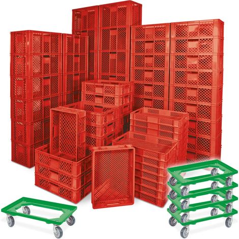 BRB 78 Stück Stapelkörbe/Bäckerkästen in 5 Größen, Grundmaß LxB 600x400 mm, H 90 mm, 150 mm, 240 mm, 320 mm, 410 mm, + 5x Transportroller grün (rot)