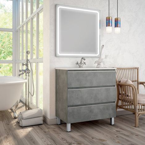 Meuble de salle de bain simple vasque - 3 tiroirs - ciment (gris) - PALMA et miroir Led VELDI - 70cm (1/5)