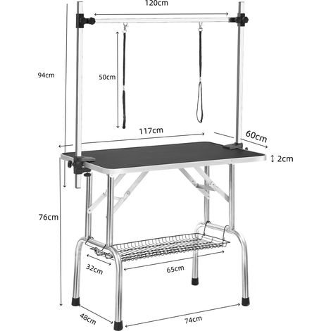 Tavolo da toelettatura pieghevole 117x60x76 cm in acciaio inox nero per animali – MEUBLIV (1/5)
