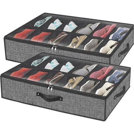 Lot de 2 organisateurs de chaussures sous lit,Boîte rangement avec couvercle transparent et fermeture éclair,capacité 24 paires (noir,74 x 60 x 15 cm) (1/4)