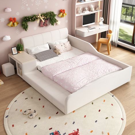 Lit simple enfant 140 x 200 cm avec tête de lit rembourrée, bureau, latéral tabouret rangement, velours blanc, sommier à lattes en bois (1/5)