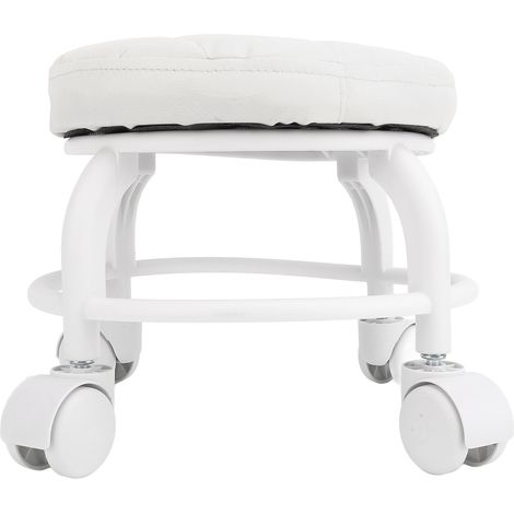 Tabouret bas rond à roulettes silencieuses pivotant en cuir PU blanc pour maison bureau garage magasin (1/5)