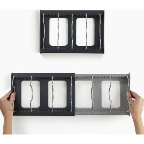 Portaposate da cucina estensibile in acciaio inox, supporto versatile per taglieri e coperchi di pentole.