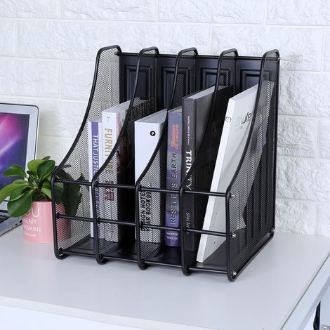 Classeur Métallique 4 Compartiments, Support Vertical pour Magazines et Documents, Organiseur de Bureau à Dossier, Maison École (1/5)
