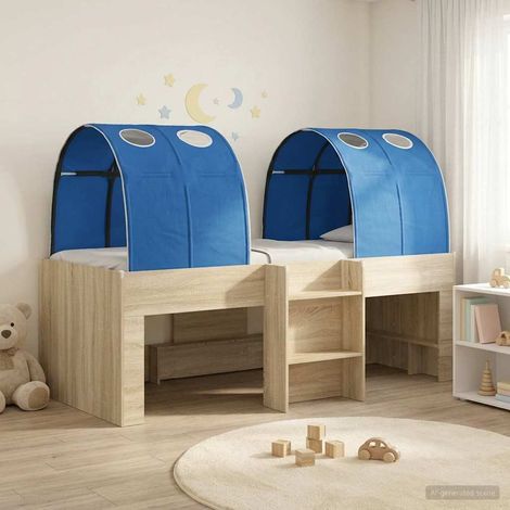 Lit haut enfant 3 pièces avec 2 tunnels, bois d’ingénierie, chêne Sonoma/bleu, 203 x 111 x 68,5 cm - PANGIVO (1/5)