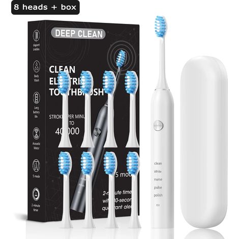 (Boîte blanche avec 8 bandeaux de rechange) Brosse à dents électrique pour adultes, vibration sonique, appareil de blanchiment et de nettoyage des dents, rechargeable. (1/5)