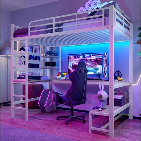 Cama alta (204x95x180 cm), con escritorio, iluminación LED, toma USB tipo C, estanterías, metal blanco (1/5)