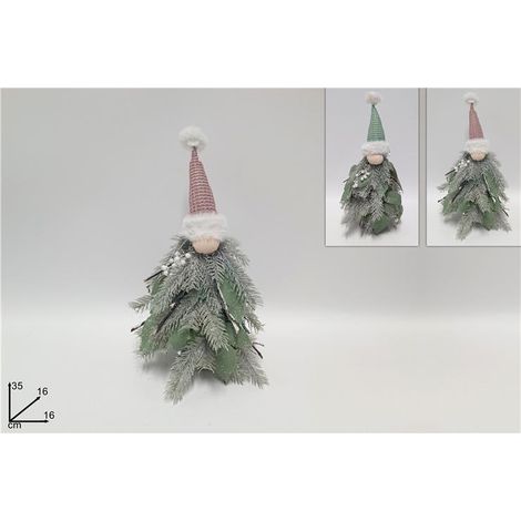 Decorazione Natalizia Albero con Viso Gnomo con Cappello 35 cm