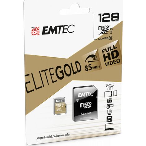 MicroSDXC 256Go EMTEC +adaptateur CL10 EliteGold UHS-I 85MB/s Sous blister (ECMSDM256GXC10GP) (1/2)