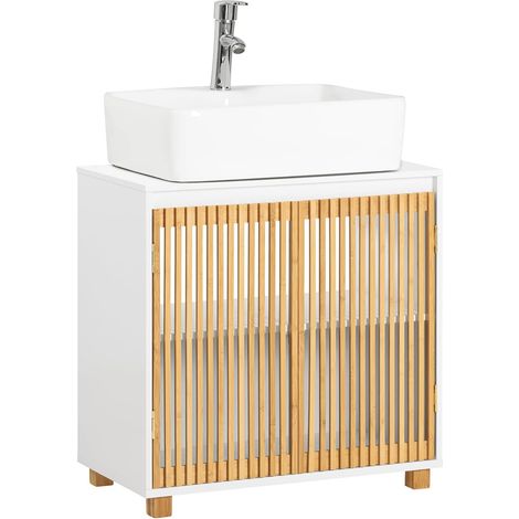 Sobuy – Meuble bas de salle de bain BZR125W en bambou et MDF laqué blanc – Dimensions L60 x P33 x H60 cm – Installation facile sous évier (1/5)