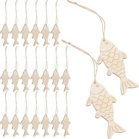 60 Pièces Ornement Poisson en Bois à Peindre avec Corde de Jute (1/5)
