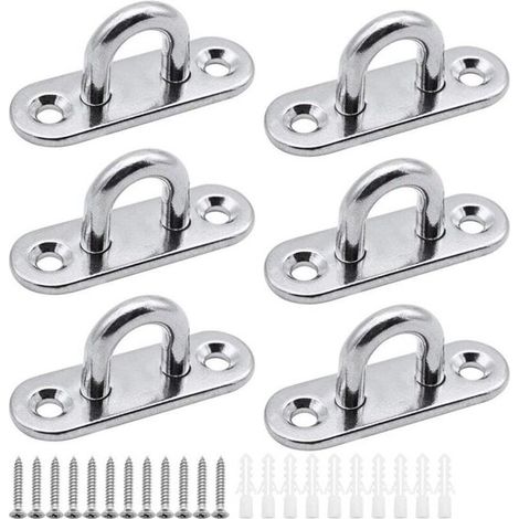 Set di 6 piastre di ancoraggio a occhiello in acciaio inox per pareti (capacità 40 kg, spessore 5 mm) con viti (1/4)
