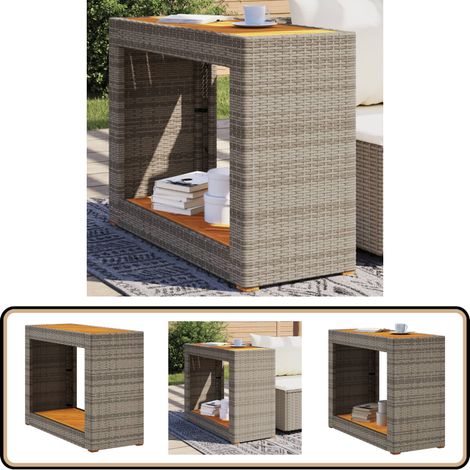 Garten-Beistelltisch mit Holzplatte Grau Poly Rattan - Gartentisch - Esszimmertisch - Balkontisch - Terrassenmöbel - Outdoortisch