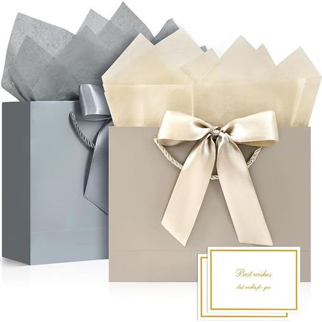 Sacs cadeaux, sacs cadeaux moyens pour présents avec ruban noeud, sacs de fête avec poignées, 8 papiers de soie et 4 cartes pour mariages, anniversaires, fêtes, célébrations, Noël (marron-argent 4 piè (1/4)