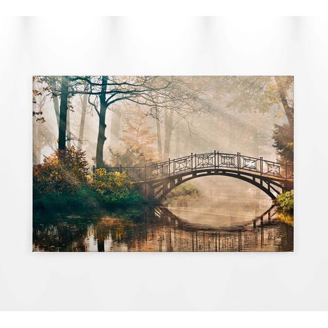 Tableau automne pont à la lumière du soleil | Tableau sur toile salon couloir & chambre adulte | Tableau paysage forêt doré - 0,9 x 0,6 m (1/5)