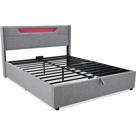 Lit double rembourré LED 160x200 en lin gris avec USB Type-C et rangement, sans matelas (1/5)